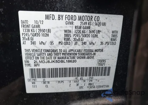 2013 Lincoln Mkx from USA, damaged, VIN 2LMDJ8JK5DBL18620